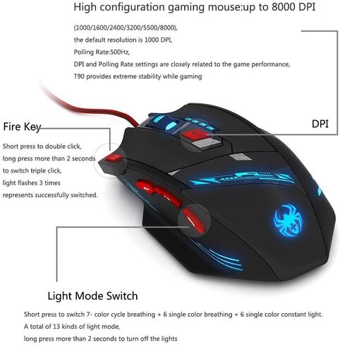 ماوس ألعاب سلكي من Zelotes، 8 أزرار قابلة للبرمجة، ماوس ألعاب MMO 9200DPI، أسود، LED، مريح، USB، PC، Mac، كمبيوتر محمول in Kuwait