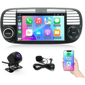 Android 14 Car Stereo Radio for Fiat 500 2007-2015, 4+64G Radio with Wireless CarPlay/Android Auto, 7" IPS HD Touch Screen Radio with WiFi/GPS/Bluetooth/FM/USB/SWC/Backup Camera/Mic in Kuwait
