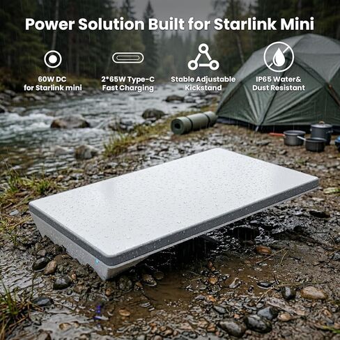 حزمة بطارية Starlink Mini بقدرة 99 وات في الساعة 27600 مللي أمبير في الساعة، بنك طاقة محمول، مناسب للسفر الجوي، وقت تشغيل 4 ساعات +، 60 وات تيار مستمر و65 وات PD3.0 USB-C، مقاوم للماء IP65، حامل قابل للطي لحالات الطوارئ الخارجية RV in Kuwait