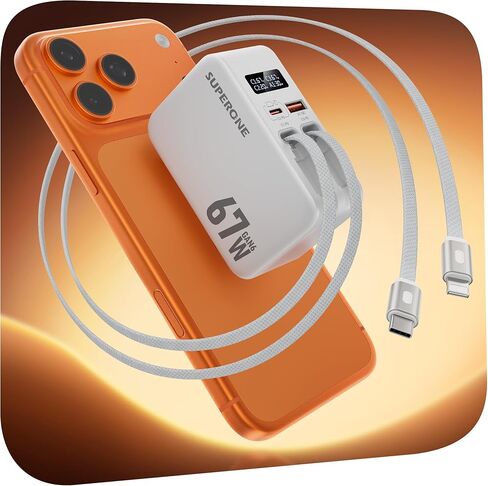 SUPERONE Retractable Charger with Dual USB Ports, 67W Retractable Wall Charger with USB C & Apple Cables, Laptop USB C Fast Charging Block for MacBook Pro/Air, iPad, iPhone 17 16 15, Galaxy, Pixel in Kuwait