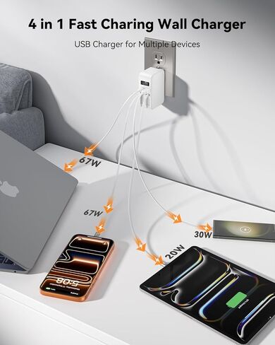 SUPERONE Retractable Charger with Dual USB Ports, 67W Retractable Wall Charger with USB C & Apple Cables, Laptop USB C Fast Charging Block for MacBook Pro/Air, iPad, iPhone 17 16 15, Galaxy, Pixel in Kuwait