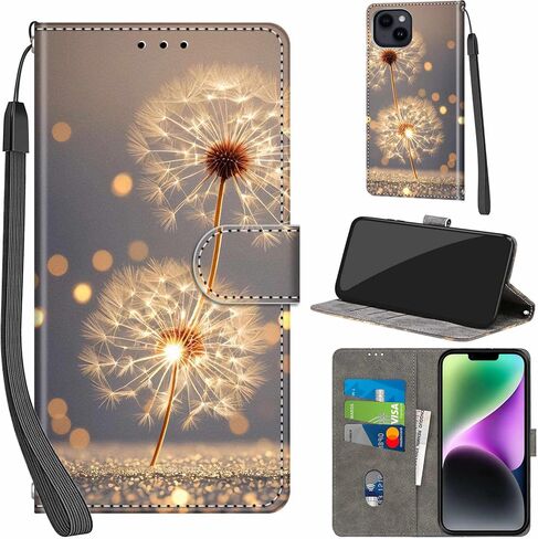 Case Wallet for iPhone 15 Plus, with [3 Card Slots], Kickstand Magnetic Closure PU Leather Shockproof Protective Flip Cover 6.7", Golden Dandelion in Saudi Arabia