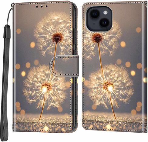 Case Wallet for iPhone 15 Plus, with [3 Card Slots], Kickstand Magnetic Closure PU Leather Shockproof Protective Flip Cover 6.7", Golden Dandelion in Saudi Arabia