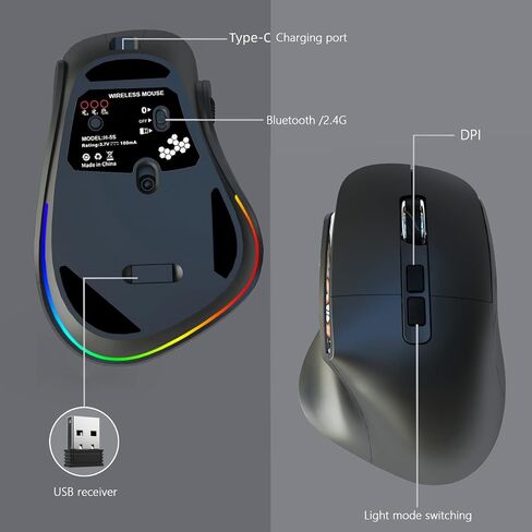 ماوس مكتب H5S سلكي من النوع C/2.4G ماوس بصري لاسلكي بلوتوث، تصميم مريح، ضوء RGB، عمر بطارية 30 يومًا، 2400 نقطة في البوصة، متوافق مع أجهزة الكمبيوتر الشخصية وأجهزة Mac والكمبيوتر المحمول in Kuwait