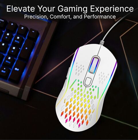 ماوس ألعاب سلكي خفيف الوزن بالليزر RGB - مستشعر بصري، 13 وضعًا، ما يصل إلى 12800 نقطة في البوصة، 6 أزرار قابلة للبرمجة، التوصيل والتشغيل، تصميم مريح لأجهزة الكمبيوتر المحمول والكمبيوتر الشخصي وأجهزة Mac in Kuwait