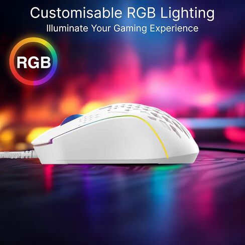 ماوس ألعاب سلكي خفيف الوزن بالليزر RGB - مستشعر بصري، 13 وضعًا، ما يصل إلى 12800 نقطة في البوصة، 6 أزرار قابلة للبرمجة، التوصيل والتشغيل، تصميم مريح لأجهزة الكمبيوتر المحمول والكمبيوتر الشخصي وأجهزة Mac in Kuwait