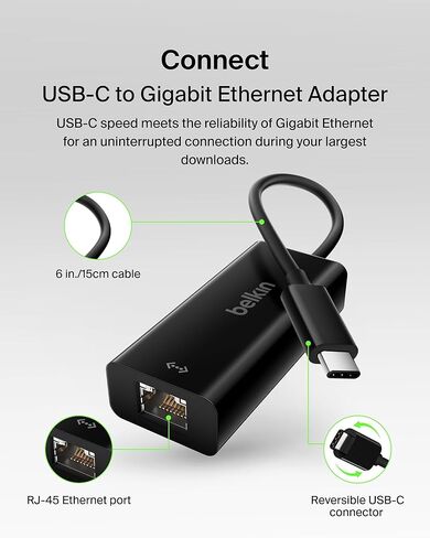 Belkin USB-C to Ethernet Adapter, Gigabit Ethernet Port Compatible w/USB-C Devices, USB-C to Ethernet Cable for MacBook Pro & Dell XPS 13" Laptops, Ethernet USB-C Hub, Ethernet USB-C Adapter - Black in Kuwait