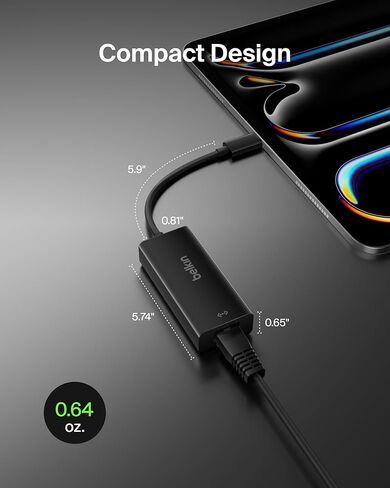 Belkin USB-C to Ethernet Adapter, Gigabit Ethernet Port Compatible w/USB-C Devices, USB-C to Ethernet Cable for MacBook Pro & Dell XPS 13" Laptops, Ethernet USB-C Hub, Ethernet USB-C Adapter - Black in Kuwait