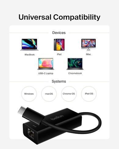 Belkin USB-C to Ethernet Adapter, Gigabit Ethernet Port Compatible w/USB-C Devices, USB-C to Ethernet Cable for MacBook Pro & Dell XPS 13" Laptops, Ethernet USB-C Hub, Ethernet USB-C Adapter - Black in Kuwait