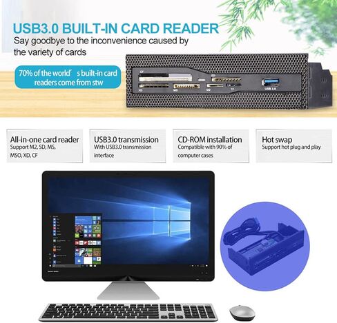 قارئ بطاقات داخلي للكمبيوتر الشخصي، لوحة أمامية للكمبيوتر عالية السرعة بمنفذ USB 3.0، لبطاقة M2 SD MS XD CF TF، تناسب خليج محرك الأقراص 5.25 in Kuwait