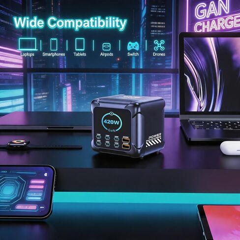 محطة شحن USB C بقدرة 420 وات، شاشة TFT PD3.1 140 وات QC60W محول طاقة شحن فائق السرعة لأجهزة الكمبيوتر المحمول MacBook وiPhone 17 16 Pro Max وGalaxy S25 Ultra والمزيد in Kuwait