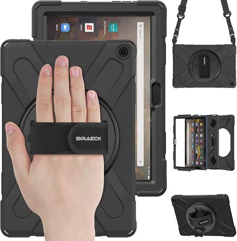 حافظة BRAECN Fire HD 10/HD 10 Plus الجيل الحادي عشر 2021، حافظة واقية شديدة التحمل مقاومة للصدمات مع حزام يد دوار، حزام كتف للحمل، مسند لجهاز Amazon Fire HD 10 / HD 10 Plus Tablet - أسود in Kuwait