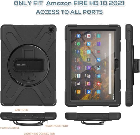 حافظة BRAECN Fire HD 10/HD 10 Plus الجيل الحادي عشر 2021، حافظة واقية شديدة التحمل مقاومة للصدمات مع حزام يد دوار، حزام كتف للحمل، مسند لجهاز Amazon Fire HD 10 / HD 10 Plus Tablet - أسود in Kuwait