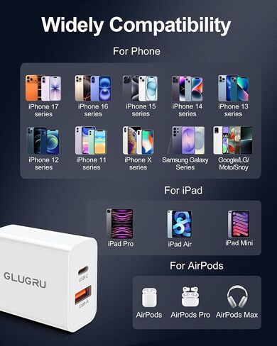 محول قابس السفر الأوروبي، GLUGRU 2-Pack 20W Dual Port USB C Wall Charger Type C Fast Charging Block International Power Converter US to Europe EU for iPhone 13 12 11 Pro Max XS XR X 8، Pad، Samsung in Kuwait