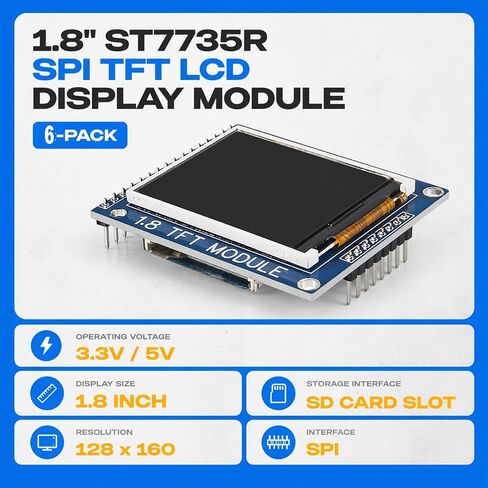 6-Pack 1.8" ST7735R SPI TFT LCD Color Display Module (128x160) with SD Card Slot, Compatible with ESP32, STM32, and DIY Microcontrollers in Kuwait
