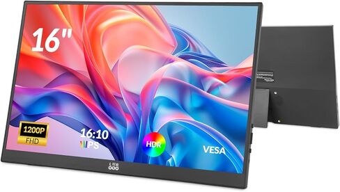شاشة LR المحمولة، شاشة عرض 16 بوصة 1200P FHD IPS 16:10، 1500:1 تباين، شاشة سفر USB-C وMini HDMI مع حامل مدمج، شاشة ثانية للكمبيوتر المحمول/الكمبيوتر الشخصي/Mac/الهاتف/Switch/Xbox/PS4/5، قابلة للتركيب على Vesa in Kuwait