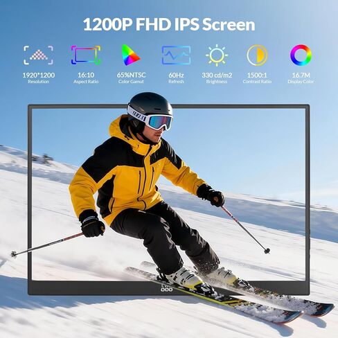 شاشة LR المحمولة، شاشة عرض 16 بوصة 1200P FHD IPS 16:10، 1500:1 تباين، شاشة سفر USB-C وMini HDMI مع حامل مدمج، شاشة ثانية للكمبيوتر المحمول/الكمبيوتر الشخصي/Mac/الهاتف/Switch/Xbox/PS4/5، قابلة للتركيب على Vesa in Kuwait