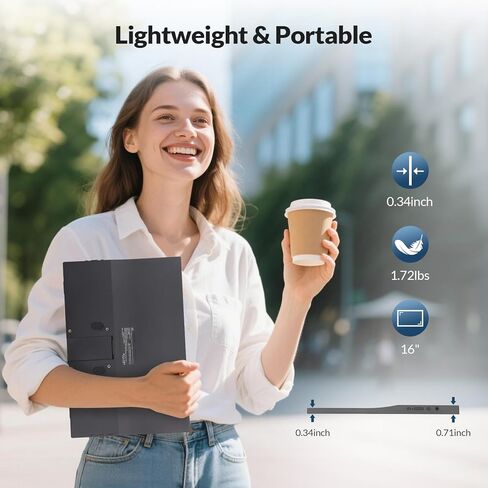 شاشة LR المحمولة، شاشة عرض 16 بوصة 1200P FHD IPS 16:10، 1500:1 تباين، شاشة سفر USB-C وMini HDMI مع حامل مدمج، شاشة ثانية للكمبيوتر المحمول/الكمبيوتر الشخصي/Mac/الهاتف/Switch/Xbox/PS4/5، قابلة للتركيب على Vesa in Kuwait