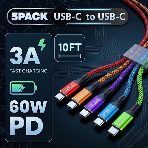igrass USB-C to USB-C Cable, Type-C 60W Fast Charging Cable (10 FT, 5Pack) for iPhone 17 Series, iPad mini 6 and More in Kuwait