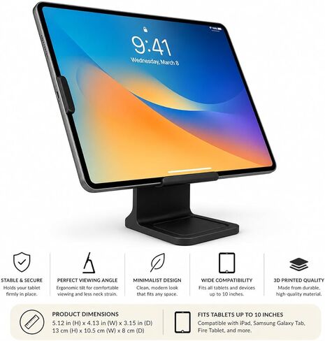 Minimalist Tablet Stand for Desk, 3D Printed Holder for Tablets up to 10 Inches, Compact Portable Desktop Stand, Black in Kuwait