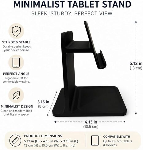 Minimalist Tablet Stand for Desk, 3D Printed Holder for Tablets up to 10 Inches, Compact Portable Desktop Stand, Black in Kuwait