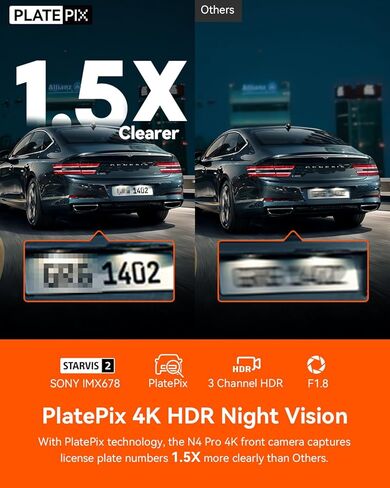 Vantrue N4 Pro 4K 3 Channel Dash Cam، STARVIS 2 IMX678 x PlatePix™ x HDR للرؤية الليلية، 4K+1080P+1080P كاميرا أمامية داخلية وخلفية، التحكم الصوتي، WiFi، GPS (متجدد) in Kuwait