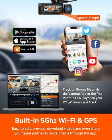 Vantrue N4 Pro 4K 3 Channel Dash Cam، STARVIS 2 IMX678 x PlatePix™ x HDR للرؤية الليلية، 4K+1080P+1080P كاميرا أمامية داخلية وخلفية، التحكم الصوتي، WiFi، GPS (متجدد) in Kuwait