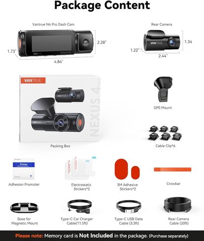 Vantrue N4 Pro 4K 3 Channel Dash Cam، STARVIS 2 IMX678 x PlatePix™ x HDR للرؤية الليلية، 4K+1080P+1080P كاميرا أمامية داخلية وخلفية، التحكم الصوتي، WiFi، GPS (متجدد) in Kuwait