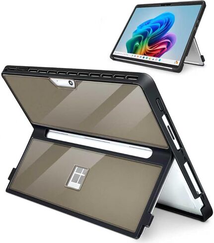 Case for 13 Inch Microsoft Surface Pro 11/10/9/8, with Stent Cover and Hand Strap, All-in-one Shockproof Folio Rugged Case Compatible with Type Cover Keyboard, TPU/PU Material(Black) in Kuwait