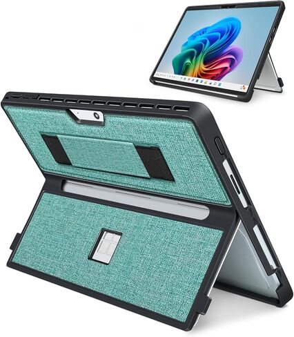 Case for 13 Inch Microsoft Surface Pro 11/10/9/8, with Stent Cover and Hand Strap, All-in-one Shockproof Folio Rugged Case Compatible with Type Cover Keyboard, TPU/PU Material(Black) in Saudi Arabia