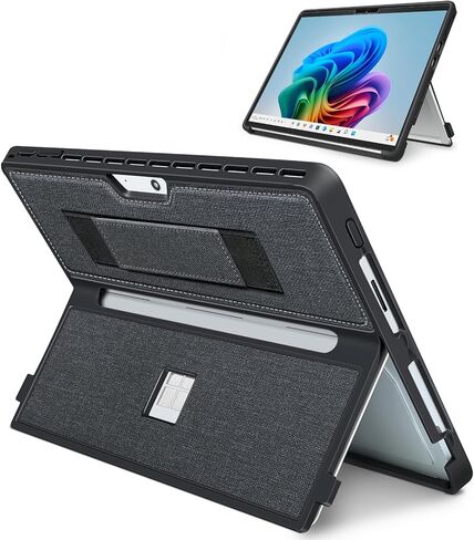 Case for 13 Inch Microsoft Surface Pro 11/10/9/8, with Stent Cover and Hand Strap, All-in-one Shockproof Folio Rugged Case Compatible with Type Cover Keyboard, TPU/PU Material(Black) in Saudi Arabia