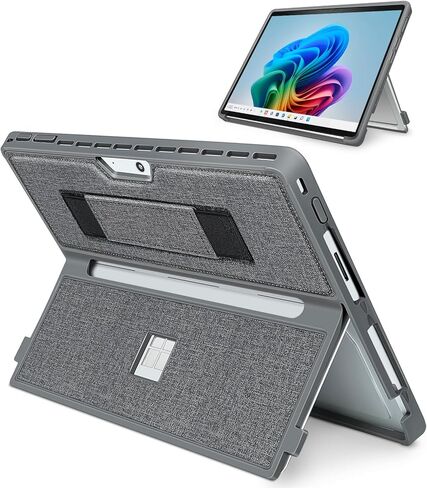 Case for 13 Inch Microsoft Surface Pro 11/10/9/8, with Stent Cover and Hand Strap, All-in-one Shockproof Folio Rugged Case Compatible with Type Cover Keyboard, TPU/PU Material(Black) in Saudi Arabia
