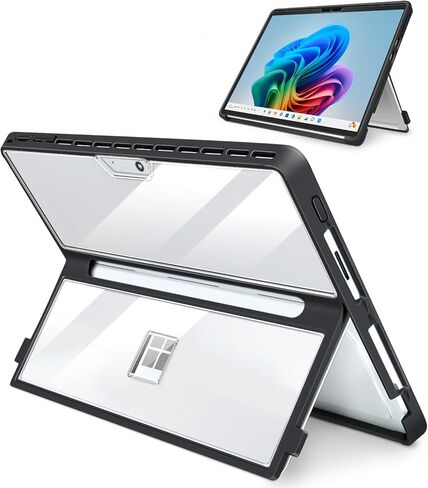 Case for 13 Inch Microsoft Surface Pro 11/10/9/8, with Stent Cover and Hand Strap, All-in-one Shockproof Folio Rugged Case Compatible with Type Cover Keyboard, TPU/PU Material(Black) in Saudi Arabia