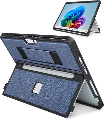 Case for 13 Inch Microsoft Surface Pro 11/10/9/8, with Stent Cover and Hand Strap, All-in-one Shockproof Folio Rugged Case Compatible with Type Cover Keyboard, TPU/PU Material(Black) in Saudi Arabia