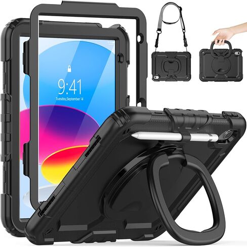 حافظة HXCASEAC لجهاز iPad A16 الجيل الحادي عشر/العاشر، حماية كاملة للجسم مع حامل مقبض دوار 360 درجة، واقي شاشة، حامل أقلام رصاص، حزام كتف (A2969/A2757/A3354/A3355/3356) - أسود in Kuwait