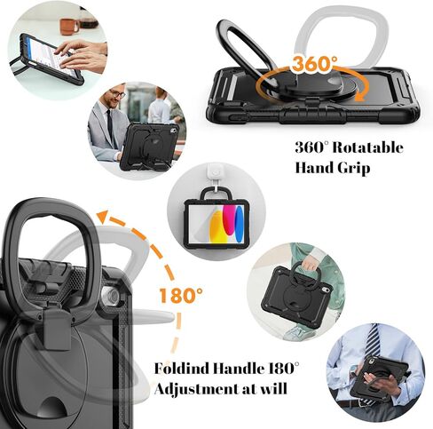 HXCASEAC Case for iPad A16 11th/10th Generation, Full Body Protective with 360 Degree Rotating Handle Stand, Screen Protector, Pencil Holder, Shoulder Strap (A2969/A2757/A3354/A3355/3356) - Black in Saudi Arabia