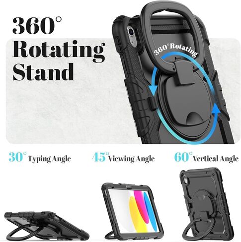 HXCASEAC Case for iPad A16 11th/10th Generation, Full Body Protective with 360 Degree Rotating Handle Stand, Screen Protector, Pencil Holder, Shoulder Strap (A2969/A2757/A3354/A3355/3356) - Black in Saudi Arabia