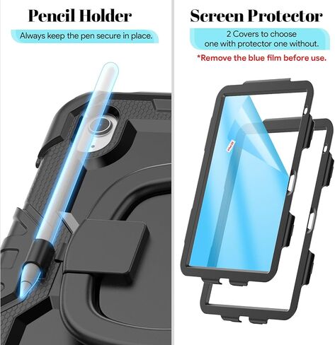 HXCASEAC Case for iPad A16 11th/10th Generation, Full Body Protective with 360 Degree Rotating Handle Stand, Screen Protector, Pencil Holder, Shoulder Strap (A2969/A2757/A3354/A3355/3356) - Black in Saudi Arabia