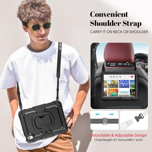 HXCASEAC Case for iPad A16 11th/10th Generation, Full Body Protective with 360 Degree Rotating Handle Stand, Screen Protector, Pencil Holder, Shoulder Strap (A2969/A2757/A3354/A3355/3356) - Black in Saudi Arabia