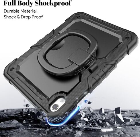 HXCASEAC Case for iPad A16 11th/10th Generation, Full Body Protective with 360 Degree Rotating Handle Stand, Screen Protector, Pencil Holder, Shoulder Strap (A2969/A2757/A3354/A3355/3356) - Black in Saudi Arabia
