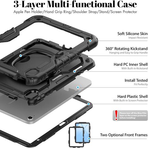 HXCASEAC Case for iPad A16 11th/10th Generation, Full Body Protective with 360 Degree Rotating Handle Stand, Screen Protector, Pencil Holder, Shoulder Strap (A2969/A2757/A3354/A3355/3356) - Black in Saudi Arabia
