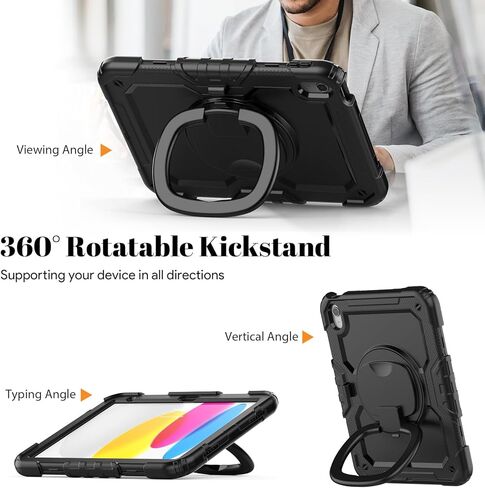 HXCASEAC Case for iPad A16 11th/10th Generation, Full Body Protective with 360 Degree Rotating Handle Stand, Screen Protector, Pencil Holder, Shoulder Strap (A2969/A2757/A3354/A3355/3356) - Black in Saudi Arabia