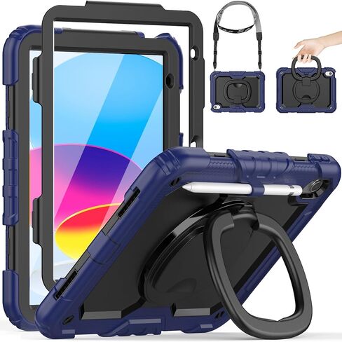 HXCASEAC Case for iPad A16 11th/10th Generation, Full Body Protective with 360 Degree Rotating Handle Stand, Screen Protector, Pencil Holder, Shoulder Strap (A2969/A2757/A3354/A3355/3356) - Black in Saudi Arabia
