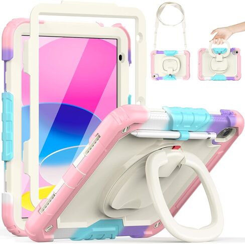 HXCASEAC Case for iPad A16 11th/10th Generation, Full Body Protective with 360 Degree Rotating Handle Stand, Screen Protector, Pencil Holder, Shoulder Strap (A2969/A2757/A3354/A3355/3356) - Black in Saudi Arabia