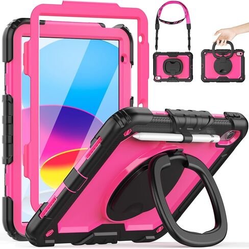 HXCASEAC Case for iPad A16 11th/10th Generation, Full Body Protective with 360 Degree Rotating Handle Stand, Screen Protector, Pencil Holder, Shoulder Strap (A2969/A2757/A3354/A3355/3356) - Black in Saudi Arabia