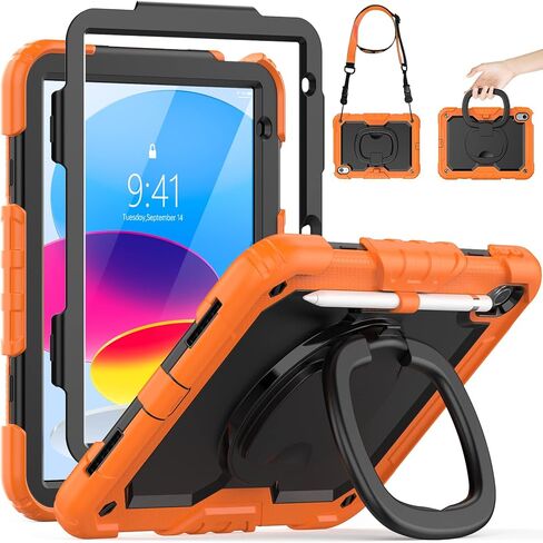 HXCASEAC Case for iPad A16 11th/10th Generation, Full Body Protective with 360 Degree Rotating Handle Stand, Screen Protector, Pencil Holder, Shoulder Strap (A2969/A2757/A3354/A3355/3356) - Black in Saudi Arabia