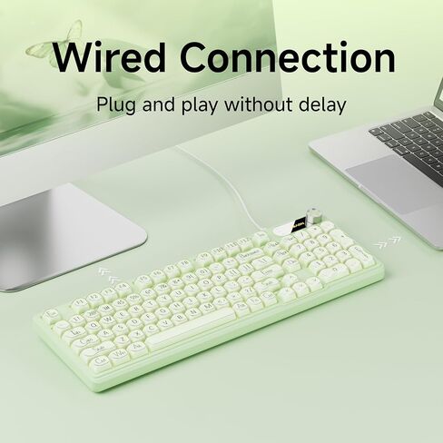 EWEADN V102 لوحة مفاتيح سلكية، 98 مفتاحًا لوحة مفاتيح ألعاب كريمية مع شاشة عرض، مقبض وسائط RGB صامت سلكي لطيف لوحة مفاتيح كمبيوتر لألعاب الكمبيوتر المحمول - أخضر in Kuwait