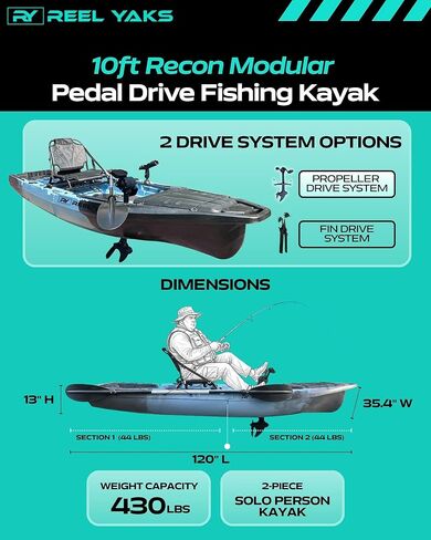 Recon Modular Fishing Kayak - بطول 10 أقدام خفيفة الوزن ، اجلس على قمة قوارب الكبار للبالغين والشباب - تصميم مستقر ومحمول ، مثالي لتوفير الفضاء - 400 رطل السعة in Saudi Arabia