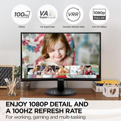 شاشة منحنية بدون إطار ViewSonic VA2416C مقاس 24 بوصة بدقة Full HD 1080p مع معدل تحديث متغير والعناية بالعين ومدخل HDMI ومدخل DisplayPort للمنزل والمكتب (متجدد) in Kuwait