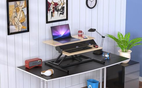 Luxor 2-Tier Height-Adjustable Pneumatic Lift Standing Desk Converter with Keyboard Tray and Built-in Cable Management - White Oak in Kuwait